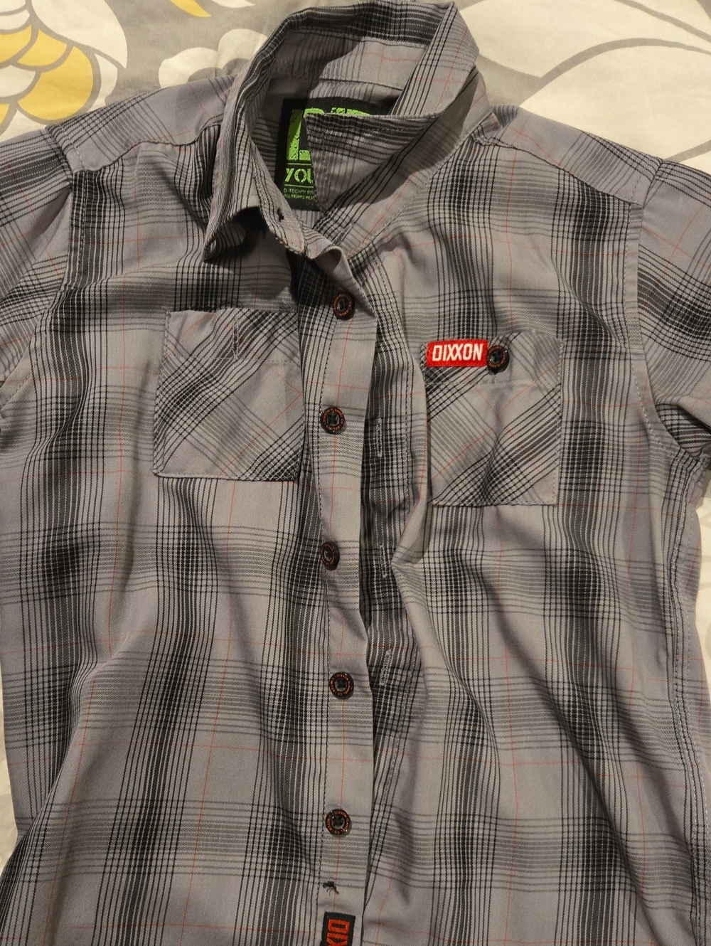 DIXXON Gray Plaid Short-Sleeve Button-Down with Red Logo Patch